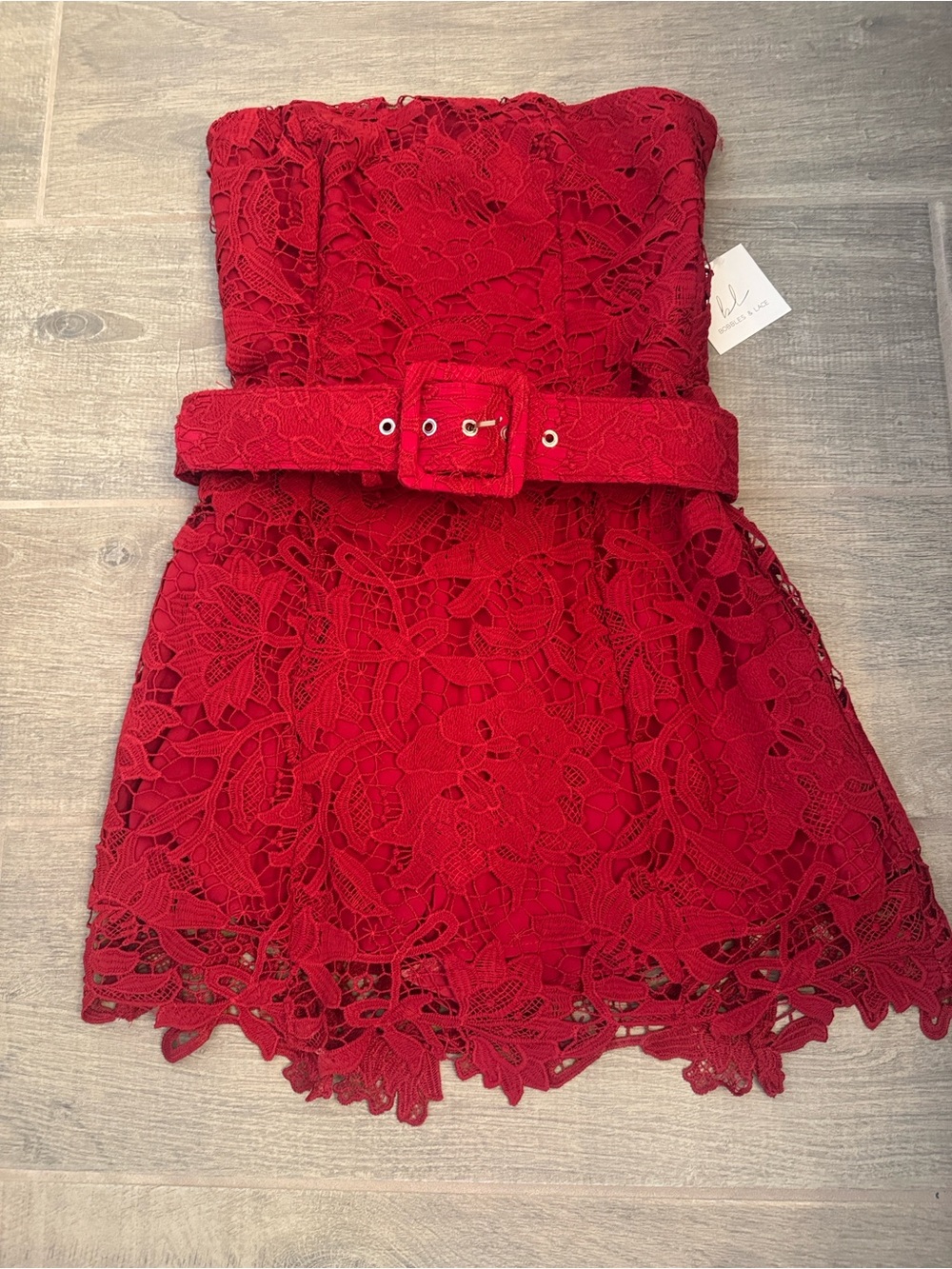Bobbles & Lace Strapless Red Lace Mini Dress with Matching Belt